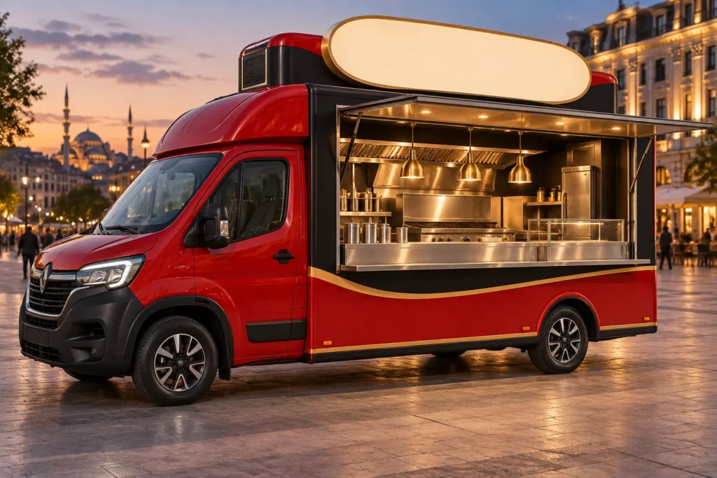 Kırmızı ve antrasit mobil karavan satış noktası